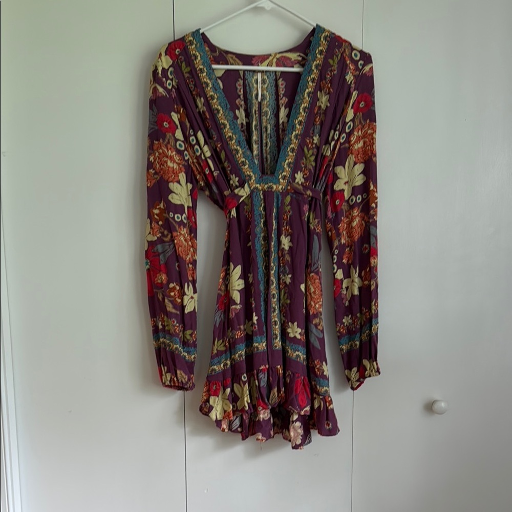 Free People Long Sleeve Dress in Purple and Red